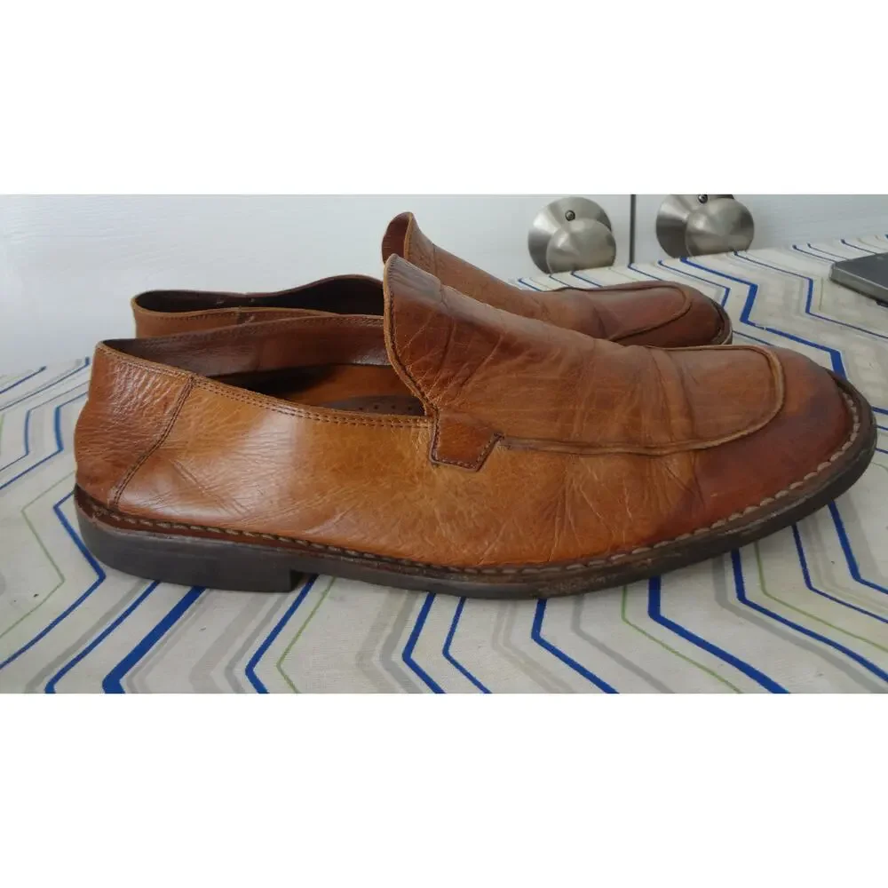 Vintage J Crew Brown Leather Dress Shoes Loafer Square Toe Worn Mens 10.5 ITALY
